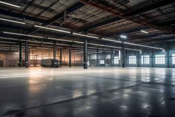 Fototapeta na wymiar view of large modern industrial interior warehouse, copy space, generative ai