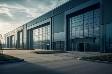 Fototapeta na wymiar view of large modern industrial exterior warehouse, copy space, generative ai