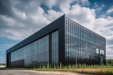 Fototapeta na wymiar view of large modern industrial exterior warehouse, copy space, generative ai