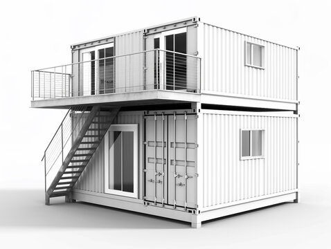 Illustration of a small house built from recycled shipping containers. Painted in white to reduce the rate of heat conductivity into the house. The house is equipped with furniture and utility service