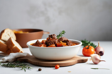 Hungarian goulash in plate mockup, On decoration background, AI Generated