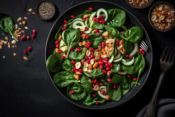 Spinach salad with fresh cucumbers, tomato, onion, pomegranate, sesame seeds and cashew nuts on black background. Healthy vegan food. Top view. Banner, AI Generated