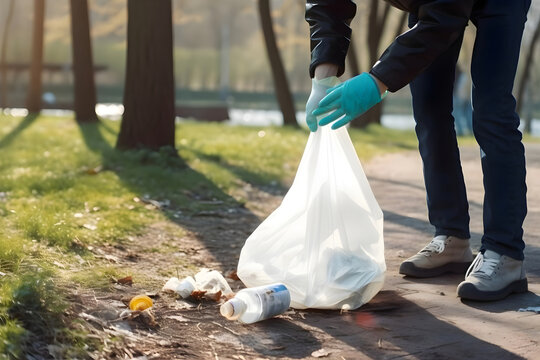 Cleaning garbage in bags in the park. Close-up of a volunteer collecting plastic waste. World cleaning or Earth day, Generative AI 3