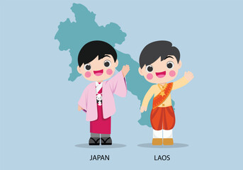 Japan and Laos international characters in   traditional costume vector