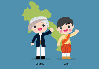 Yemen and Laos international characters in   traditional costume vector