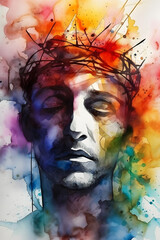 Abstract art. Colorful painting art portrait of Jesus with a crown of thorns. Easter, crucifixion or Resurrection concept. Jesus is alive. Generative AI.