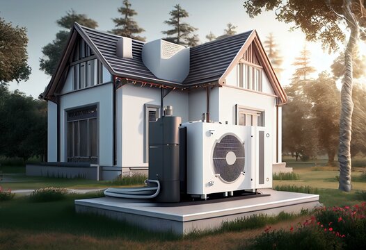 Horizontal ground source heat pump system for heating home with geothermal energy. 3D rendered illustration. Generative AI
