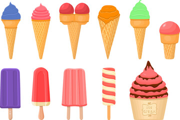 big kit ice cream popsicle different types in cone waffle cup