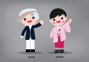 Obraz na płótnie Canvas Yemen and Japan international characters in traditional costume vector