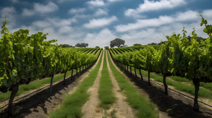 Vineyard, bue sky, clouds, growing grapes for wine, Generative AI