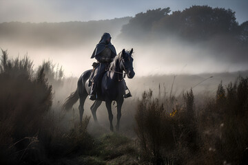 A knight riding a horse through a misty field, Generative AI - obrazy, fototapety, plakaty