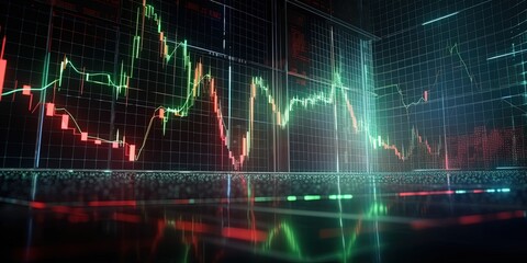  stock market with digital currencies with red and green charts, rising and falling stock market bitcoin crypto prices by ai generative