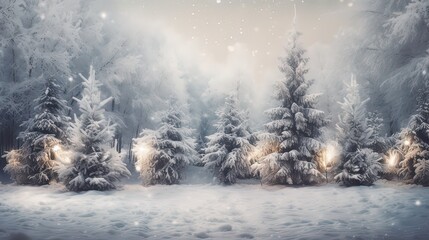 Christmas tree and Christmas lights on abstract snowy landscape background, Xmas background concept with advertising space. Generative Ai.