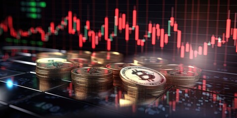  stock market with digital currencies with red and green charts, rising and falling stock market bitcoin crypto prices by ai generative