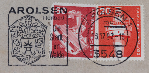 briefmarke stamp vintage retro alt old rot red orange slogan stempel werbung arolsen heilbad stadt der walde leuchtturm light house röntgengerät x-ray 1982 gestempelt frankiert cancel cancellation