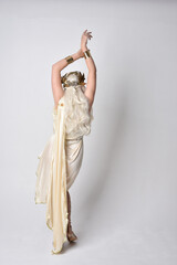 Full length portrait of beautiful blonde woman wearing a fantasy goddess toga costume with  magical crown.
Standing pose, facing backwards away from camera.  isolated on white studio background.
