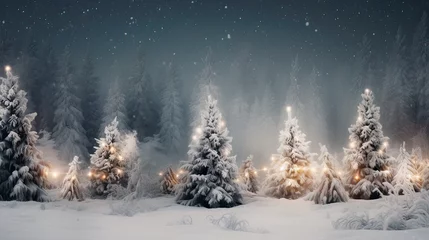 Fotobehang Christmas tree and Christmas lights on abstract snowy landscape background, Xmas background concept with advertising space. Generative Ai. © Kowit