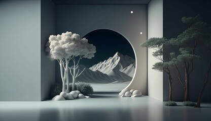 3D Render of Nighttime Scandinavian Nature Room with Far Away Mountainous Landscape Background