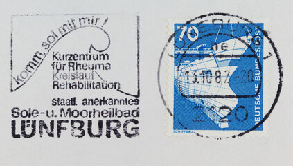 briefmarke stamp vintage retro old alt slogan werbung germany lüneburg schiff ship blue blau 70 schiffbau welle wave moorheilbad papier paper post letter mail brief gesundheit health healing 70