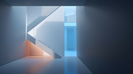 3D Render of Hallway Room with Stairwell, Empty Space