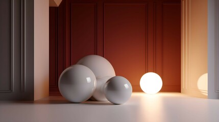 3D Rendering of some abstract balls in a lit room, group of orbs, background