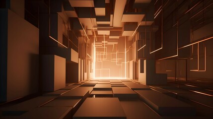 3D Rendering of a Futuristic Room with Glowing Lines Illuminating the Walls