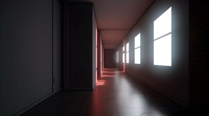 3D Rendering of a Sunlit School Hallway