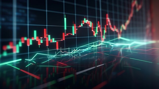  stock market with digital currencies with red and green charts, rising and falling stock market bitcoin crypto prices by ai generative
