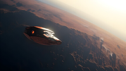 Space ship flying over distant planet, Generative AI