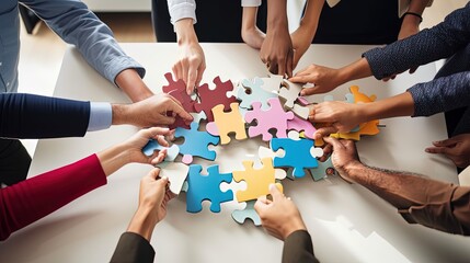 International team of coworkers sitting around table, putting colorful puzzles together, teamwork concept, by ai generative