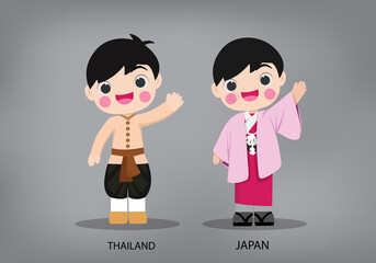 Obraz na płótnie Canvas Thailand and Japan international characters in traditional costume vector