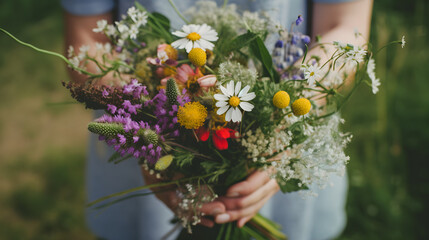 Hands holding bouquet of wildflowers, Generative AI