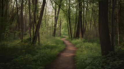 Dirt trail through dense woods, lush grass and trees, Generative AI