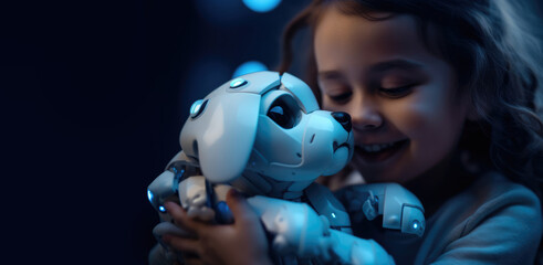 Little girl kid hugging a white modern pet puppy robot with copy space, generative ai - obrazy, fototapety, plakaty