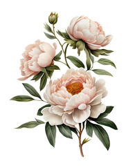 Peony flowers with leaves isolated on white background. Generative AI