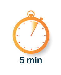 5 minutes clock icon. Time managementand deadline, limited offer metaphor. Interface for programs and applications. Segment and part of circle. Cartoon flat vector illustration