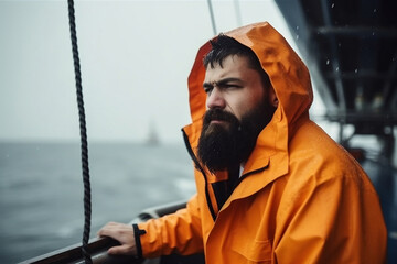 A tough fisherman with a raincoat while it rains watches the sea. AI generated image