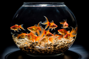 fish tank full of orange fish on black background, AI generated image