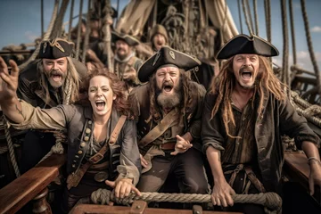 Fotobehang group of pirates shout looking at camera, AI generated image © FotoAndalucia