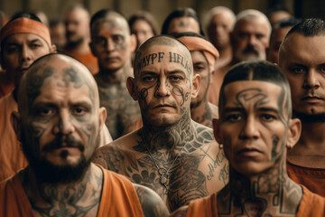 group of tattooed convicts looking at camera. AI generated image - obrazy, fototapety, plakaty