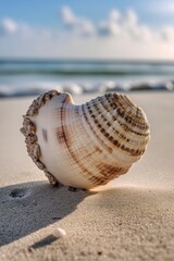 Fototapeta na wymiar Beautiful heart shaped sea shell on the sandy beach. Selective focus. AI generated