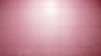 Fototapeta premium close up pink square tile pattern with light from above used as background for product displayed, beauty, cosmetic, spa concept. abstract large rustic bathroom tile pattern. slate tile ceramic.
