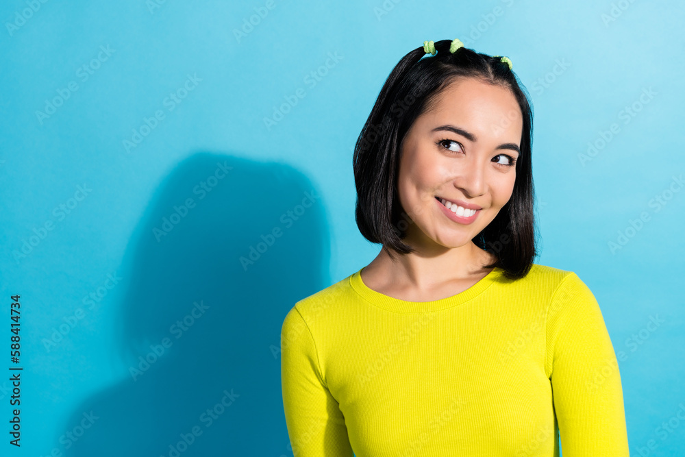 Poster closeup photo of young cute cheerful japanese lady smiling look dreamy empty space enjoy her boyfrie