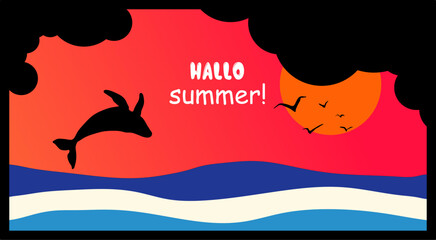 Hello summer banner or poster. Vector illustration digital craft paper art, the creative background of the panoramic landscape of the sea, dolphin jumping out of the sea