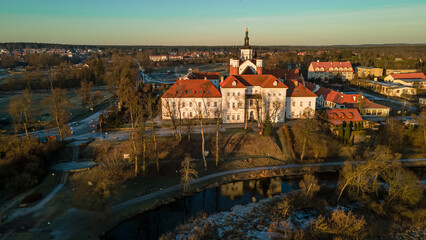 Obraz premium Aerial view of the orthodox monastery in Suprasl at sunset.