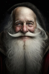 ?ortrait of Santa Claus and his face close-up. Cheerful and smiling Santa. Generative AI.