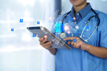 Doctor AI, artificial intelligence in modern medical technology and IOT automation. Doctor using AI document management concept.