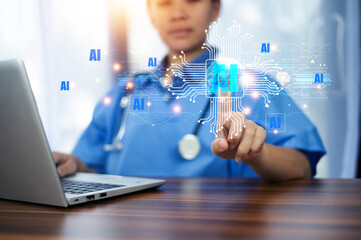 Doctor AI, artificial intelligence in modern medical technology and IOT automation. Doctor using AI document management concept.