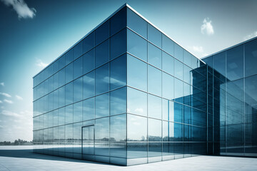 Fototapeta na wymiar Glass fronted contemporary office building with a backdrop of a blue sky. Wall made of transparent glass at an office complex generative AI technology