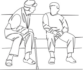 two elderly men are sitting on a bench and talking